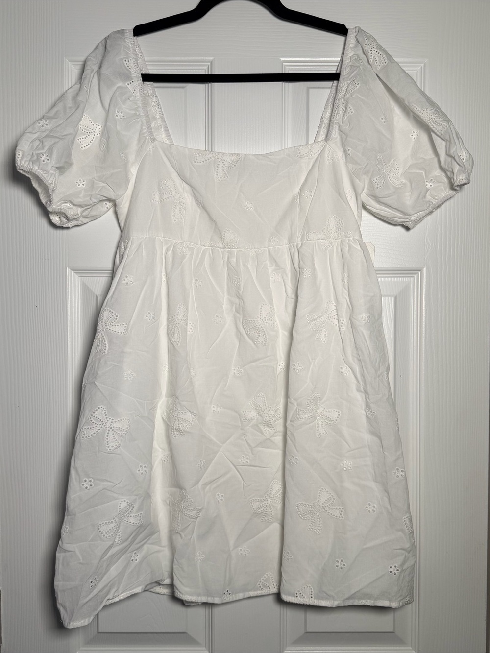 White Eyelet Embroidered Bow Puff Sleeve Babydoll Mini Dress Bridal Cottagecore